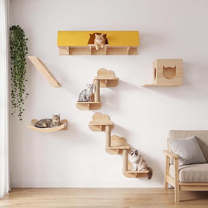 Cat Wall Shelves with Tunnel, 12-in-1 Solid Wood Wall Mounted Cat Furniture with Scratching Post, Cave & Steps, Multi-Level Cat Climbing Wall Systems, Space Saving, Floating Cat Shelves