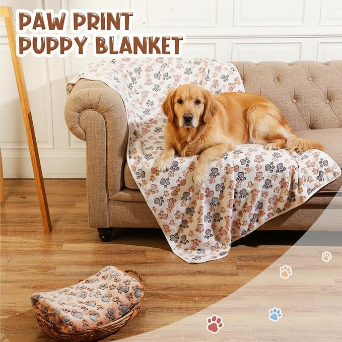 Tatuo 4 Pack Fleece Dog Blankets for Puppy Cats Multi-Size Sleep Mat for Pet Guinea Pig Soft Washable Warm Crate Bed Puppy Teething Toys Print Pattern Blanket Indoor(Mixed Color,51 x 63 Inch,Paw)