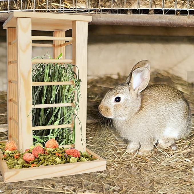 Rabbit Hay Feeder Wooden Bunny Hay Rack Guinea Pig Feeding Manger Standing Rabbits Grass Holder Small Animals Less Waste Food Dispenser for Chinchillas Hamsters Bunnies Gerbil