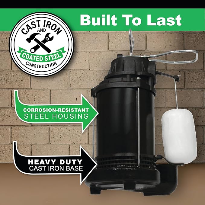 WAYNE CDU790-1/3 HP Submersible Cast Iron and Stainless Steel Sump Pump with Integrated Vertical Float Switch - Up to 4,600 Gallons Per Hour - Heavy Duty Basement Sump Pump, Black