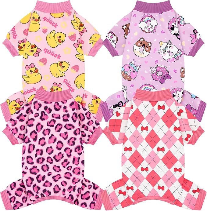 XPUDAC 4 Pack Dog Pajamas Pink Dog Clothes for Small Medium Dogs Girl Breathable Stretchy Pjs Jammies Outfit Puppy Onesies, S