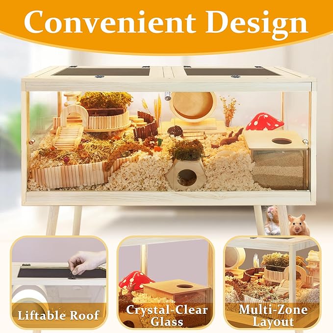 PROLEE Hamster Cage Chewproof, Mice and Rat Habitat with Transparent Sides, Hamster Cage with Openable Mesh Top, Solid Built with Lock Design and Leg Stand, 48" inch