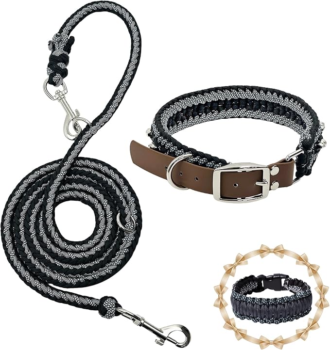 Paracord Dog Collar, Adjustable Soft Nylon Pet Collars for Medium Large Dogs(19"-23"), Stylish Pet Gear for Boys, L(Set of 1, Black Skull Collar+Leash)
