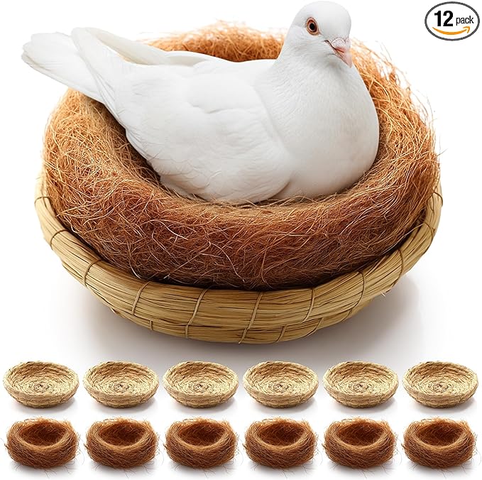 AceOrbit 12 Pcs/6 Set Bird Nest with Coconut Fiber Mats Set Hand-Woven Flat Base Pigeon Birdhouse Breeding Nest Small Animal Cage Accessories for Parrots Budgies Cockatiels Hamsters Gerbils and Pigs