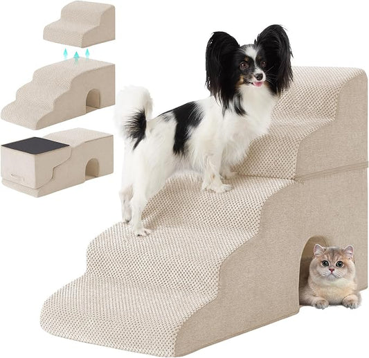 Dog Stairs for Bed 23’’ H, 5-Step Dog Steps for High Bed, Foldable Pet Stairs for Small Dogs and Cats to Get on Beds, Couch, Non-Slip Balanced Pet Steps and Ramp with Waterproof Cover, Beige