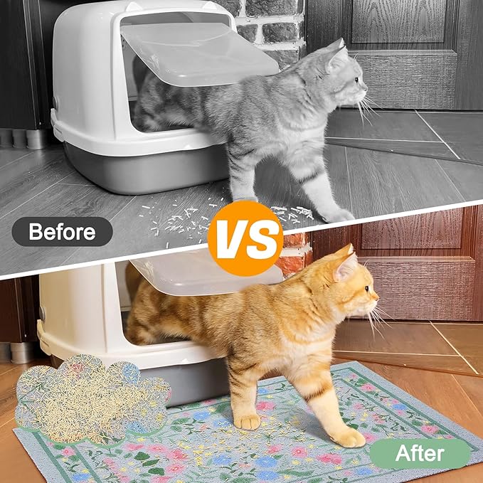 Glittme Cat Litter Mat with Non-Slip Bottom Litter Box Mat 33"X22" Litter Trapping Mat Easy to Clean Washable Cat Food Mat for Kitty,L