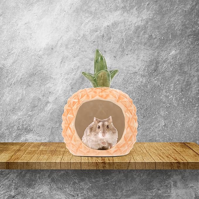 Ipetboom Ceramic Hamster Hideout Pineapple Shape Cooling Pet Nest Small Animal House for Hamsters Guinea Pigs Rats Chinchillas