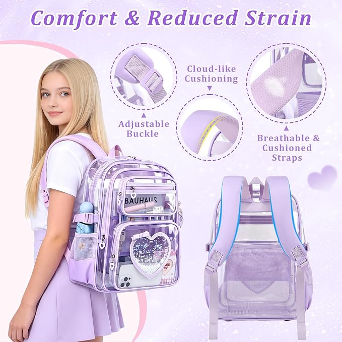 Clear Backpack for School Girls, Cute Heavy Duty PVC Transparent Bookbag, See-Through Bag for Stadium Event Purple