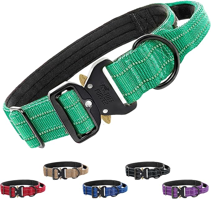 Tuff Pupper Tactical Dog Collar | Heavy Duty 1.5" Wide Ballistic Nylon | Training Control Handle | Quick-Release Metal Buckle | Reflective Bands | ID Tag Holder | Padded Inner Lining (Green, Large)