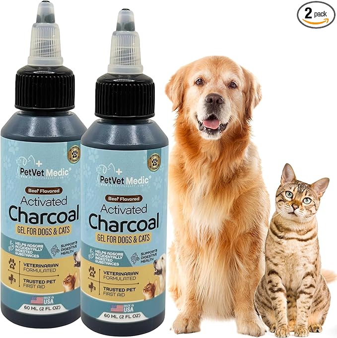 Pet Vet Flavored Activated Charcoal Gel for Dogs & Cats (60ml Bottle, 2 Pack), Dog First Aid Activated Charcoal, Absorbs Toxins, Supports Poisoning, & Gas Relief, Emergency Pet Dog Supplies (Beef)
