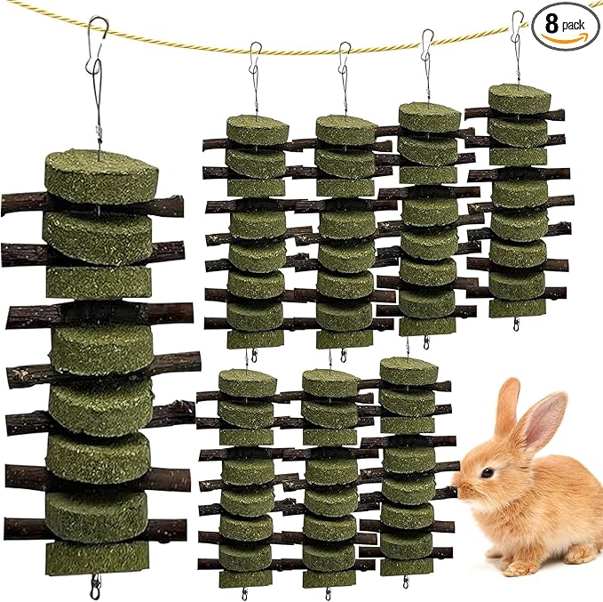 kathson 8PCS Bunny Chew Toys for Teeth Grinding, Chinchilla Treats Organic Bamboo Sticks Natural Fruitwood Branches for Rabbits Guinea Pigs Hamsters (Fruitwood Sticks+Alfalfa Cakes)