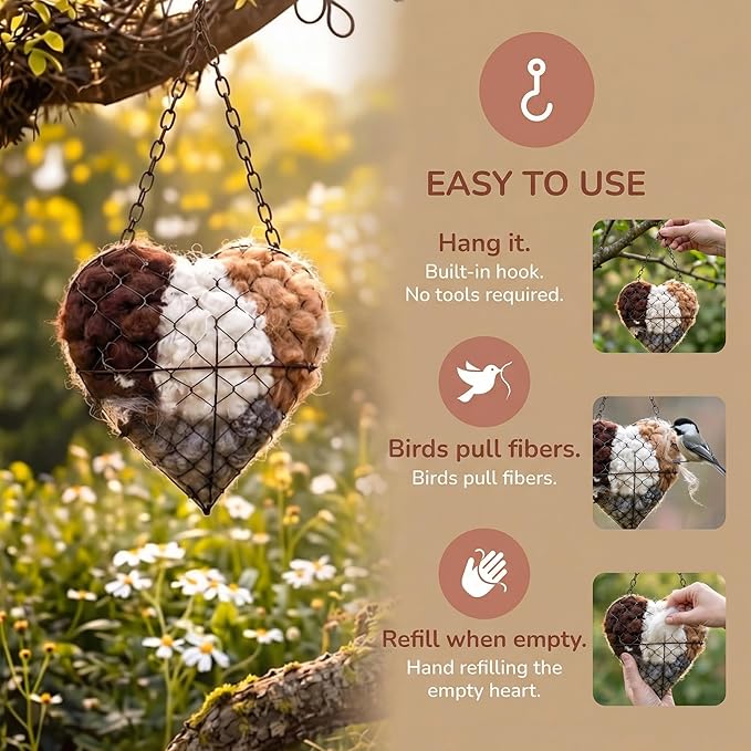 Handmade Alpaca Fiber Bird Nesting Heart, Refillable Nesting Material Accessory for Wild Birds, Outdoor Garden Decoration, Gift for Bird & Nature Lovers, Hummingbird Nesting Material (2 set)
