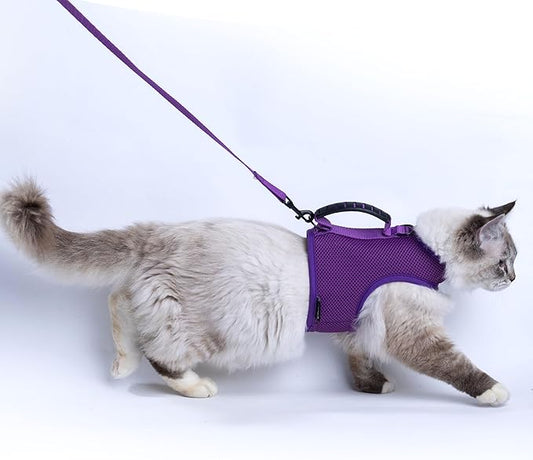 Cat Harness and Leash for Walking Escape Proof Breathable Mesh Fabric, Purple, Large, Adjustable Cat Walking Jackets with Handle, Padded Stylish Cat Vest
