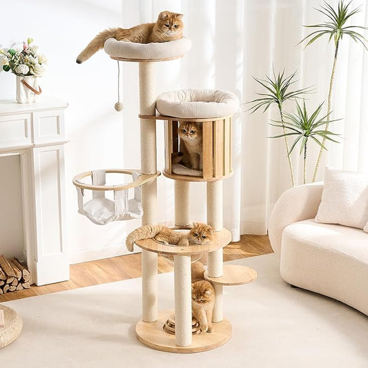 797Audio Wood Modern Cat Tree, 61.5" Cat Tower with Sisal Scratching Posts, Cat Condo, Capsule,Hamnock and Spinner Toy, Solid Wooden Aesthetic Multi-Level Cat Climbing Tree for Adult Indoor Cats-White