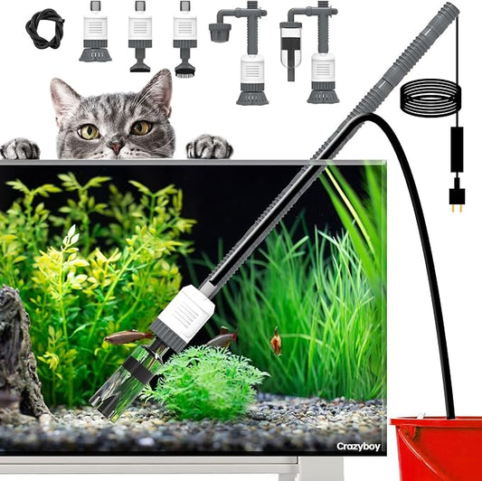 Crazyboy Fish Tank Vacuum - 6-in-1 Automatic Removable Vacuum Electric Tool Aquarium Gravel Cleaner 30W Strong Suction Electric Cleane.(White-504)
