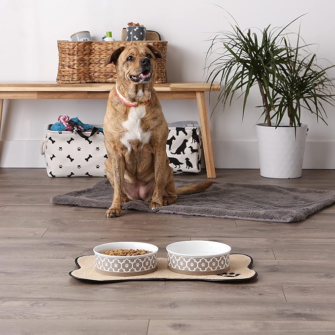 Bone Dry Lattice Collection Pet Bowl & Canister, Large Set, 7.5x2.4 inches, Stone, 2 Piece