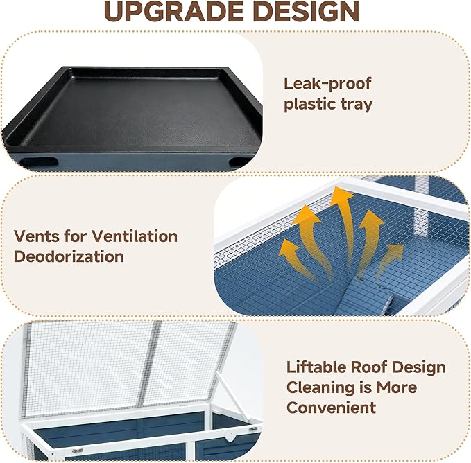 Large Indoor Rabbit Hutch Wooden Bunny Rabbit Cage 2-Story with Run Caster Waterproof No-Leak Pull-Out Tray Ramp Wheel for Guinea Pig Small Medium Animal Wood Pet House Home Blue & White 37“