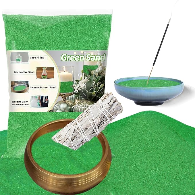 RAINFLOW 15 OZ Fine Green Sand for Crafts - Colored Quartz Zen Garden Sand Decorative for Vases Filler, Wedding Unity Ceremony, Incense Burner, Ritual Incense