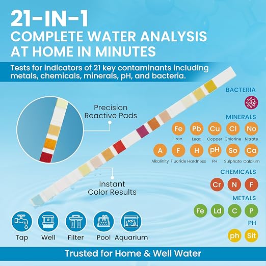 Water Testing Kit for Drinking & Well Water, Home Test Kit | 21-in-1 Kit, 120 Sealed Strips + 2 Bacteria Tests, Detects Lead Chlorine Nitrate Iron pH, Home Tap Well Pool RV Aquarium