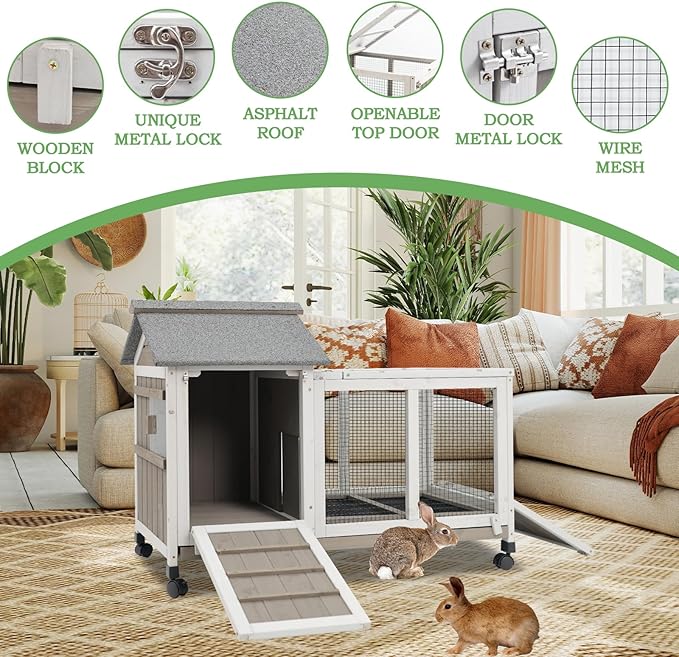 Gowoodhut 38.19"L Rabbit Hutch Indoor and Outdoor with 4 Wheels,Wooden Rabbit Cage with Pull Out Leak-Proof Tray for 1-2 Rabbits,Bunny Hutch with Asphalt Roof Suitable for Garden,Park,Living Room,Grey