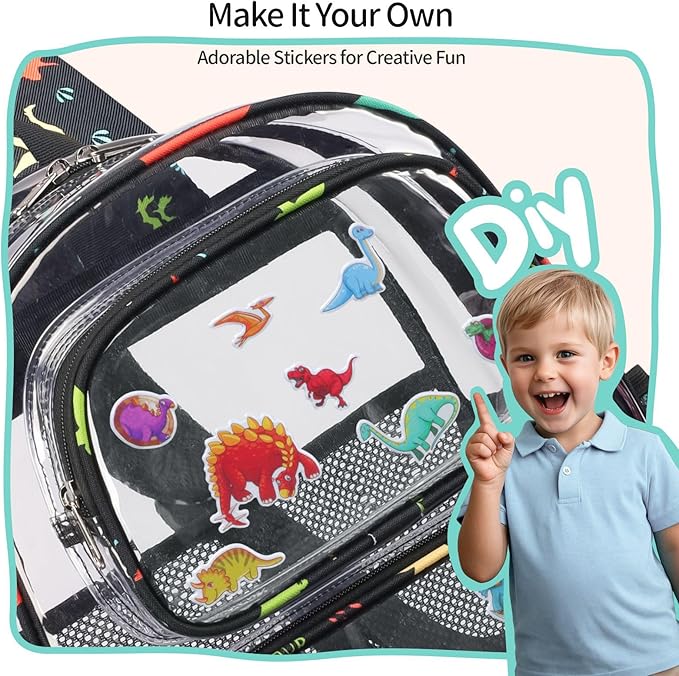 Clear Backpack Set for Boys, 15 Inch Heavy Duty Transparent Bookbag with Lunch Bag, Kindergarten to 2nd Grade School Bag, Security Approved PVC, Black Dinosaur