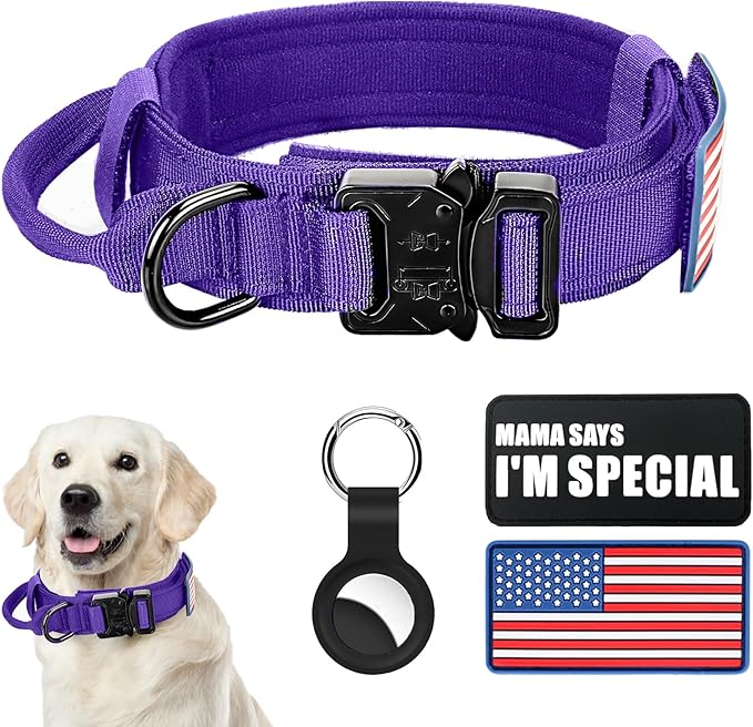 Celifelight Tactical Dog Collar Military Dog Collar Adjustable Nylon Dog Collar Heavy Duty Metal Buckle with Handle for Dog Training,with Patches(Purple, M)