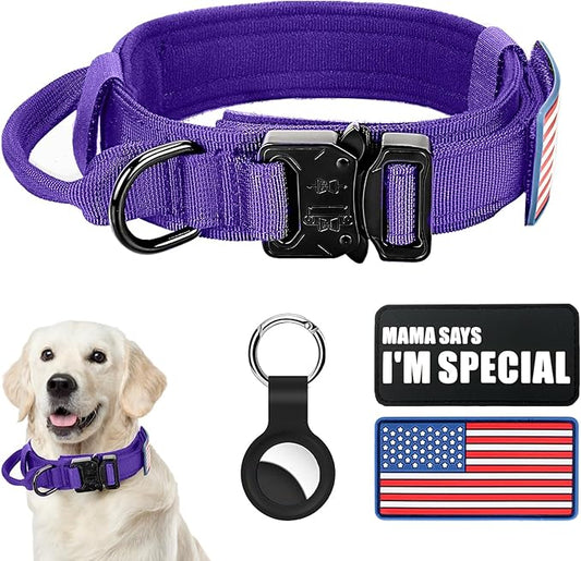 Celifelight Tactical Dog Collar Military Dog Collar Adjustable Nylon Dog Collar Heavy Duty Metal Buckle with Handle for Dog Training,with Patches(Purple, M)