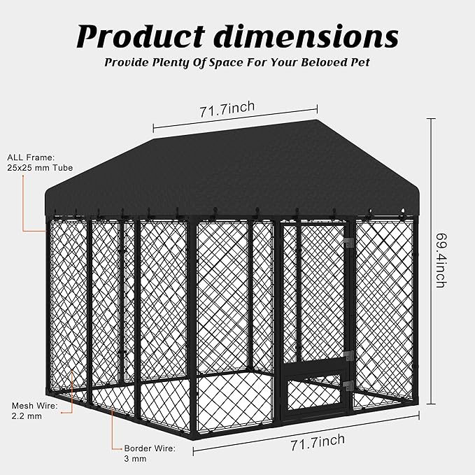 6x6FT Dog Kennel Outdoor with Roof - Heavy Duty Metal Fence Playpen for Large Dogs, Weatherproof Enclosure with Double Lock Gate & Feeding Swivel Door