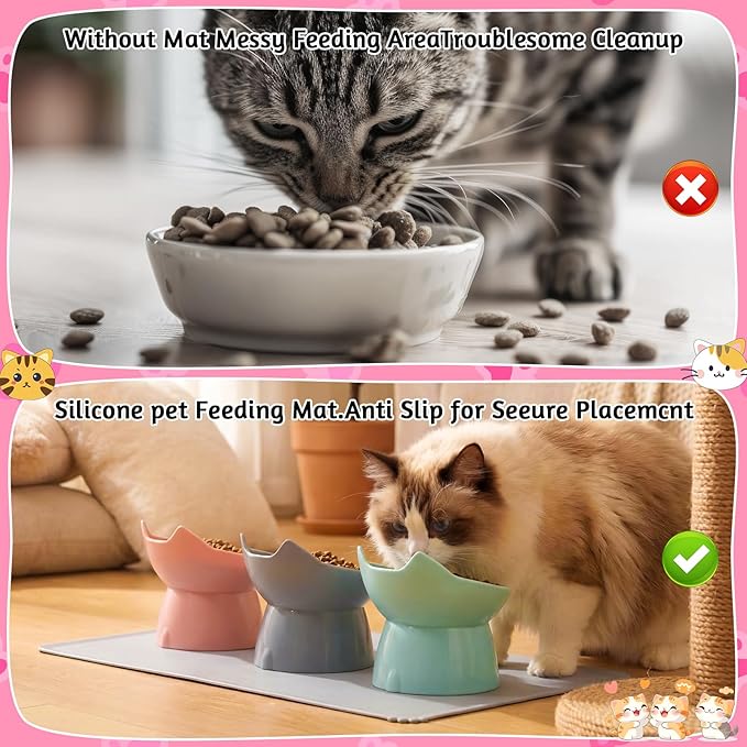 3 Pcs Elevated Cat Bowls 15°Raised Cat Food Bowl with Silicone Mat Whisker Friendly Anti Vomiting Cats Dishes Pet Food and Water Bowls for Indoor Cats Kittens, Pink, Green, Gray