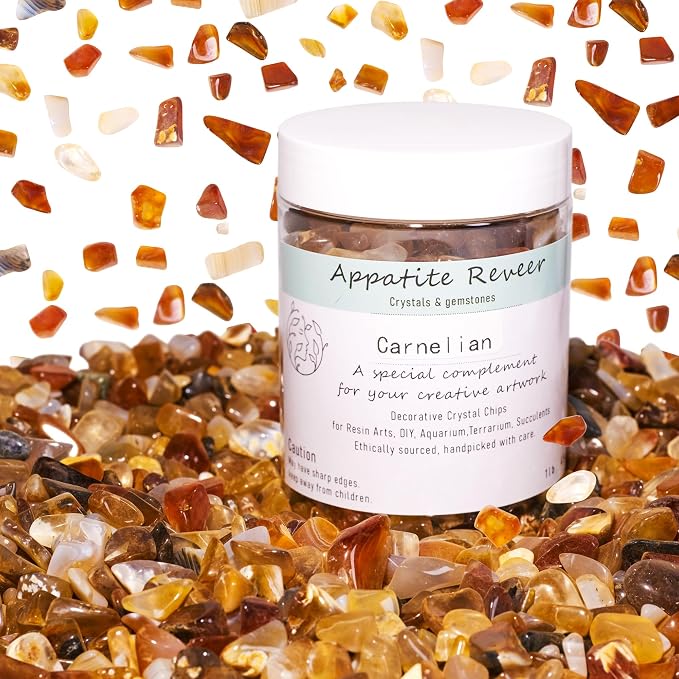 Carnelian Agate Crystal Chips 1lb 1000+pcs Natural Aquarium Gravel Rocks Polished Crushed Stone Pieces Fish Tank Pebbles Vase Filler Irregular Shaped Tumbled Gemstone for Indoor Decor