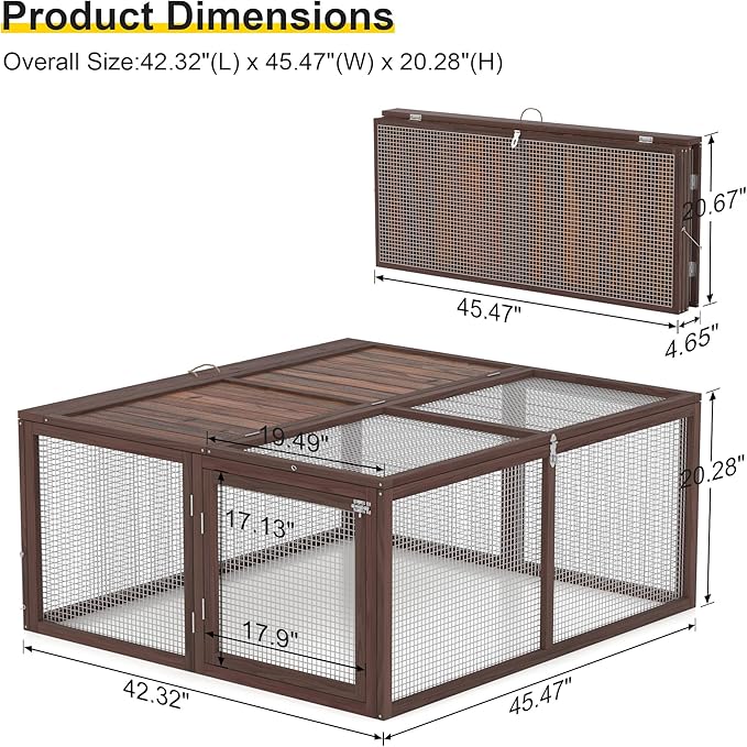 Chicken Coop, Wooden Rabbit Hutch Outdoor Indoor Folding Bunny Cage with Handle Portable Chicken Run with Top & Side Opening Doors Small Animal Playpen No Assembly Pet Poultry Cage for Bunny(Brown)