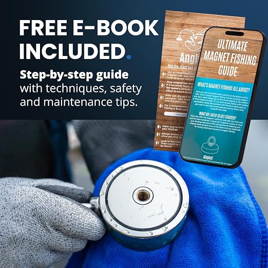 AnglerMag™ Magnet Fishing Kit - 1325 lbs Double Sided Neodymium Magnetic Fishing Stuff with Rope - 10 PCS Extra Strong Complete Gift Set with eBook, Carabiner, Gloves, Grappling Hook & Carrying Bag