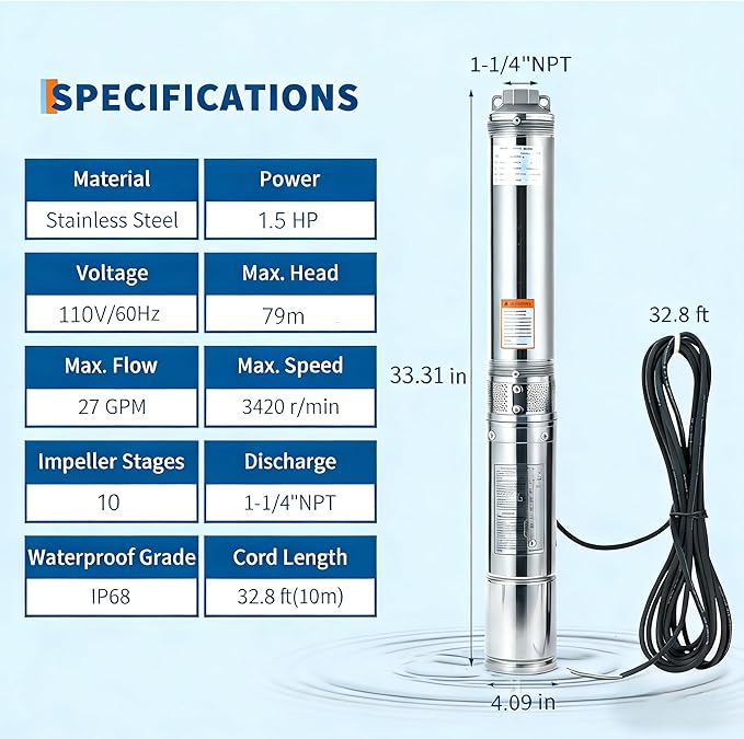 Deep Well Submersible Pump, 1.5HP 110V/60Hz, 27GPM Flow 259ft Head, with 33ft Electric Cord & Check Valve, 4" Stainless Steel Water Well Pump for Industrial,Irrigation,Home Use, IP68 Waterproof Grade