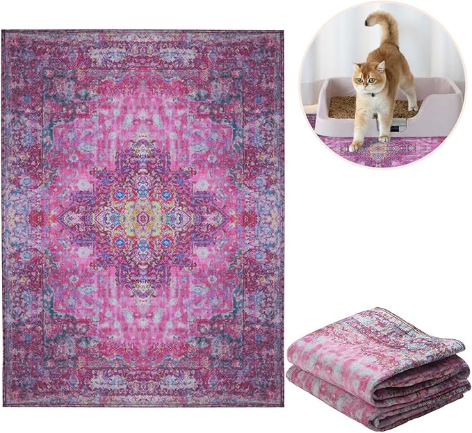Lovewag Pets Cat Litter Mat 2 Pack - Large 36x48 Machine Washable Easy Clean Non-Slip Waterproof Litter Management Mats for Cats - Mystic Fuchsia