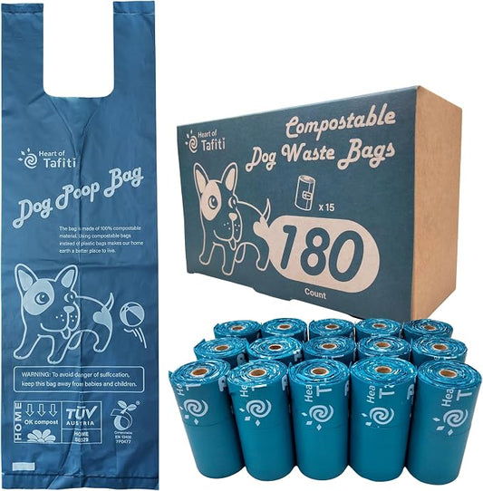 Dog Poop Bags with Handles, 180 Count, Extra Thick Leak-Proof Dog Waste Bags, Certified Compostable, Unscented & Eco-Friendly, 9 x 13 inch (16 inch w/Handles)