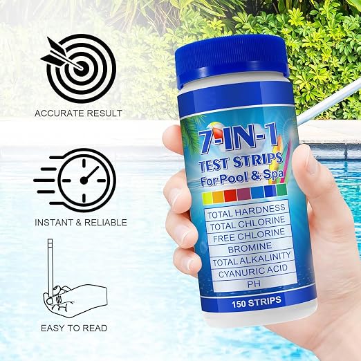 Pool Test Strips 7-in-1 (150Pcs)| Hot Tub Test Strips for Swimming Pool & Spa | Pool Water Testing Kit for Chlorine, Bromine, Ph, Hardness, More - All in 1 Swimming Pool Test Strips