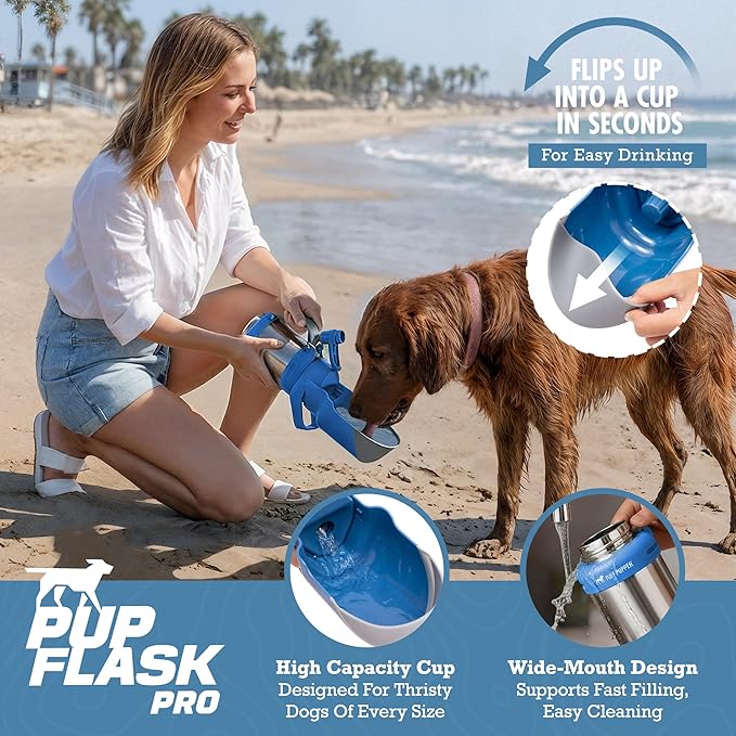 PupFlask Pro Dog Water Bottle | 30 or 50 OZ Double Wall Insulated Stainless Steel | Built-in Flip Cup Bowl | Leak Proof Cap | 24+ Hour Cold Water | Small & Large Dogs | Portable Pet Hydration Bottle