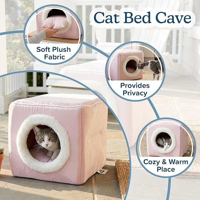 Cat House - Indoor Bed with Removable Foam Cushion - Cat Cave for Puppies, Rabbits, Guinea Pigs, Hedgehogs, and Other Small Animals by PETMAKER (Pink)