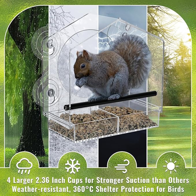 Window Bird Feeder - 4 Strong 2.36" Suction Cups - Clear Acrylic Birdhouse for Outdoors, Removable Tray, Birdwatching Gift for Parents