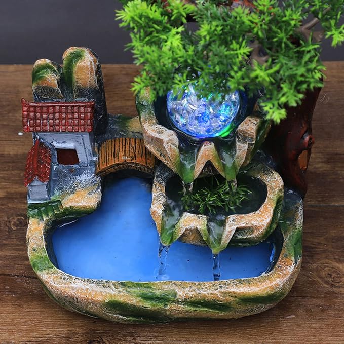 Indoor Fountain Rockery Tabletop Fountain with an Atomizer Elaxation | Water Feature Meditation Desktop Fountains for Home Office Decor or Giving 7.9' x 5.9'' x 9.8'' with LED Light & Fish Bowl