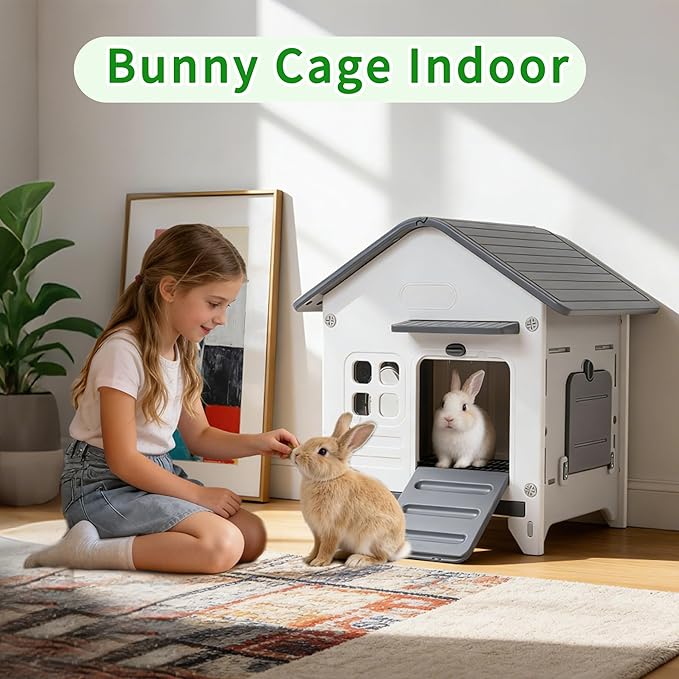 Rockever Plastic Rabbit Cage Outdoor Indoor, Waterproof Rabbit Hutch-Leak-Proof Pull-Out Tray&Chew-Proof, Bunny Cage Guinea Pig Cages, Easy-Clean & Ideal for Small Animal