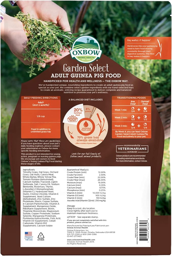 Oxbow Garden Select Guinea Pig Food,Adult,Made Timothy Hay for Guinea Pig,Pet Food Pellets with Vitamin C,Non-GMO,Small Animal Pet Products,Made in USA,High Fiber,8 lb. Bag,(Pack of 2)