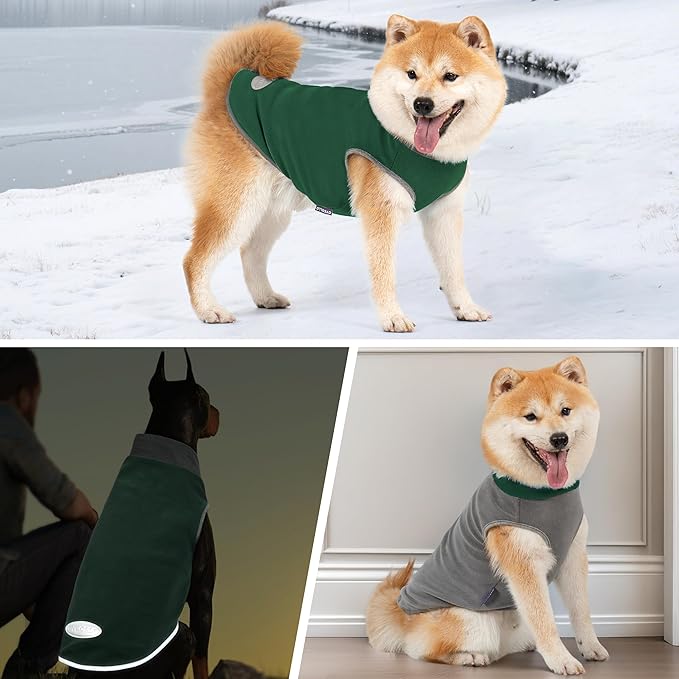 cyeollo 2 Pack Dog Sweaters Stretchy Fleece Sweatshirt with Reflective Stripe Pullover Stretchable Sweater Dog Clothes for Small Puppy Dogs, Green & Grey S