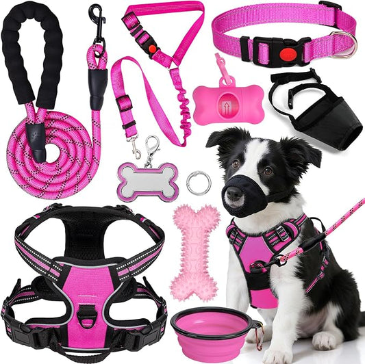 No Pull Dog Harness Adjustable Collar & Leash Set - Dog Halter Harnesses Collapsible Bowls & Poop Bag Dispenser Muzzle ID Tags Toys Fits Small Medium Large Dogs (Pink-M)