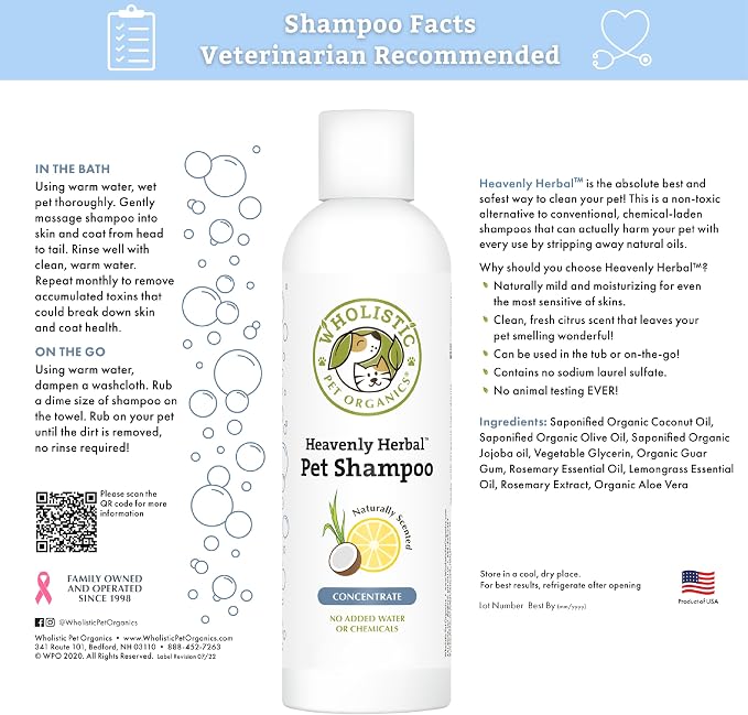 Wholistic Pet Organics Pet Shampoo Concentrate: USDA Organic Cat and Dog Shampoo for Sensitive Skin and Coat Support - Mild and Non-Irritating, Natural, Non-Toxic, Sulfate-Free, & Cruelty-Free - 16 Oz