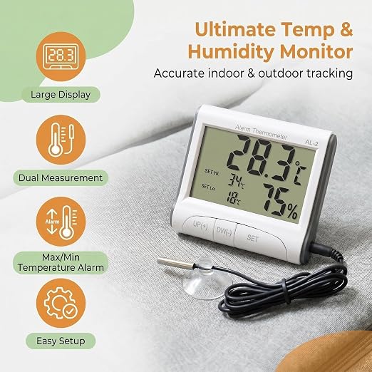 Reptile Thermometer Hygrometer with High Low Temperature Alarm Digital Aquarium Thermometer with Hook and Loop Temperature Humidity Meter Gauge for Terrariums, Vivariums, Reptile Tanks (1)