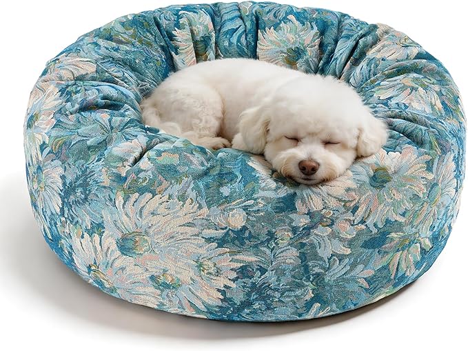 Dog Calming Beds for Small Medium Large Dogs - Round Donut Washable Puppy Dog Bed, Anti-Slip Faux Fur Fluffy Donut Cuddle Anxiety Cat Pet Bed (24" Flower)