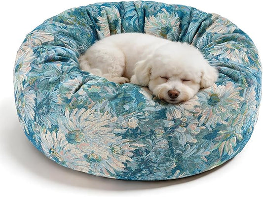 Dog Calming Beds for Small Medium Large Dogs - Round Donut Washable Puppy Dog Bed, Anti-Slip Faux Fur Fluffy Donut Cuddle Anxiety Cat Pet Bed (24" Flower)