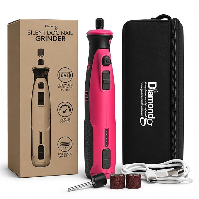 Diamondg Cordless Dog Nail Grinder with Quiet Sound & LED Tip for Large & Small Dogs, 4hrs. Runtime - Electric Dog Nail Trimmer, Heavy Duty Rotary Tool Alternative to Toenail Clippers & Filers