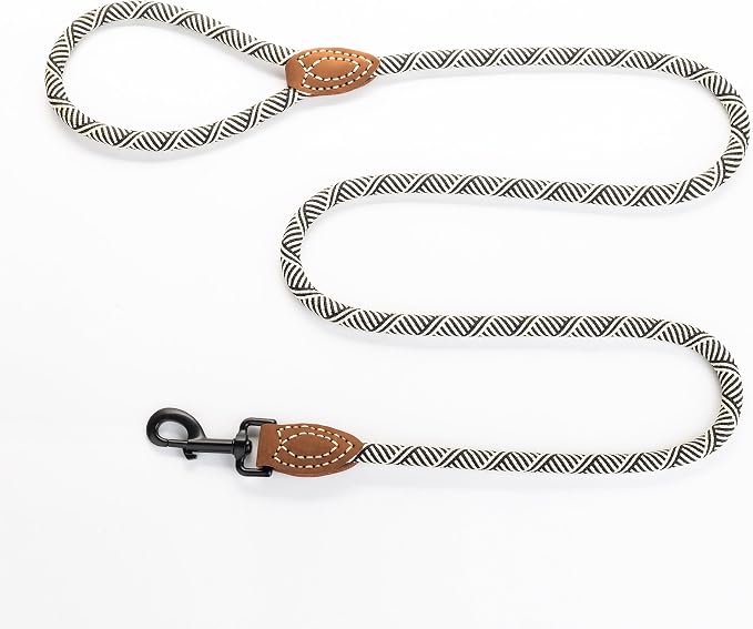 Mile High Life Rope Leash with Genuine Leather Connection, 6 FT/5 FT/4 FT, Heavy Duty Leash for Medium & Large Dogs (Black Beige, 60 Inch)